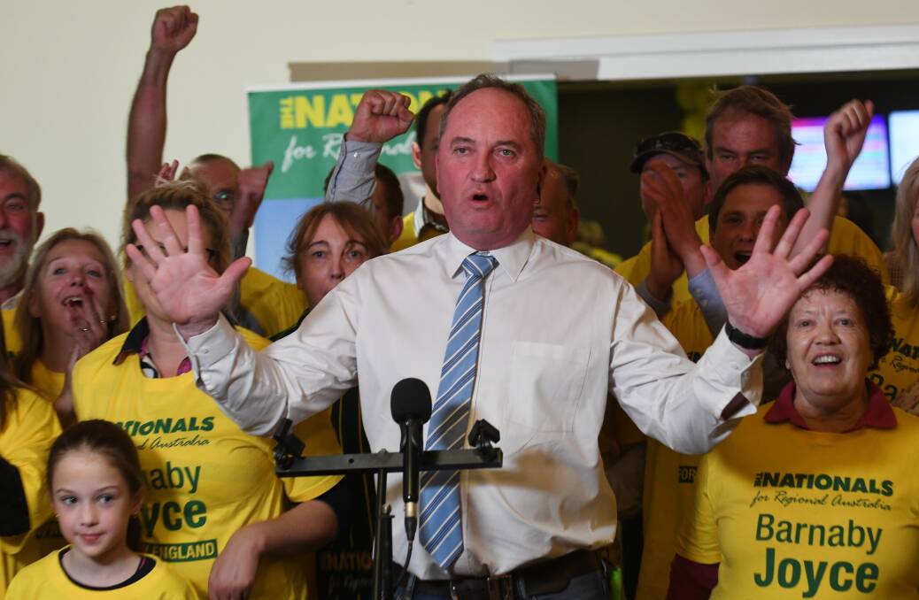 VICTORY: Barnaby Joyce wins the 2019 New England election. Photo: Gareth Gardner, file