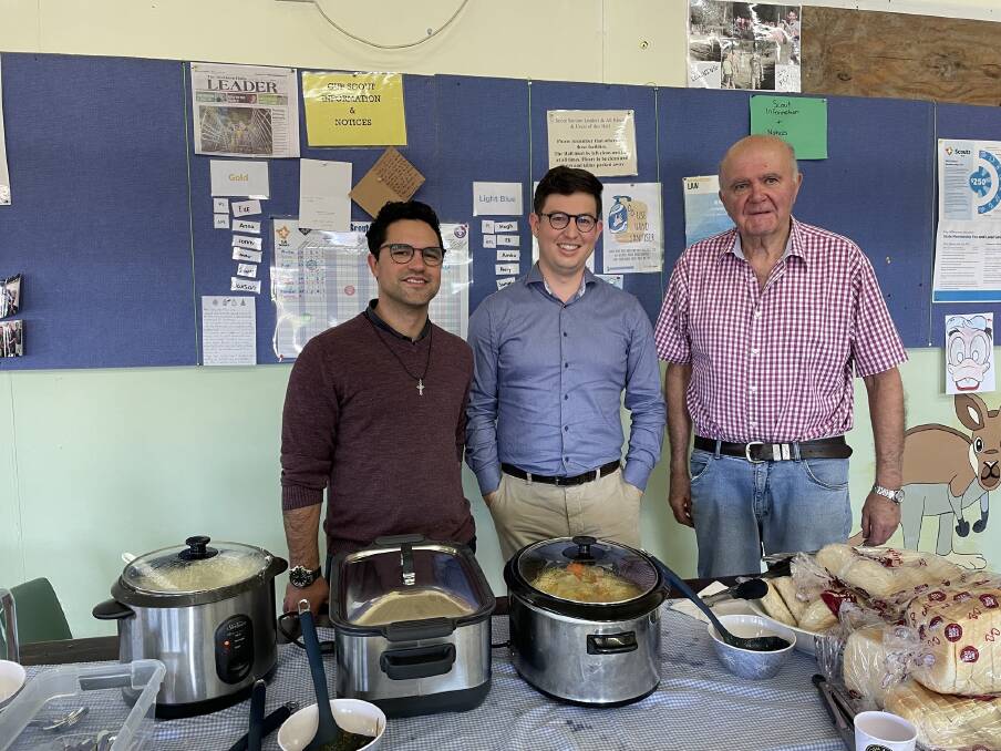 Volunteers Chris Da Silva, George Nulley and Peter Fardy get ready to serve a meal at the church's first ever HOPe kitchen. Picture supplied
