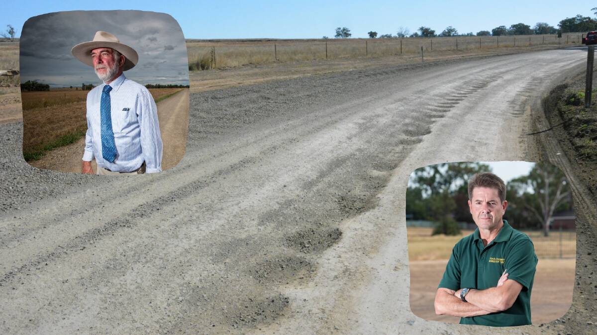 OUR JOB: The state government has taken responsibility for fixing up Rangari Road off local mayors like Russell Webb (left), with Tamworth MP Kevin Anderson (right) declaring debate about the road "has gone on long enough". Photo: file