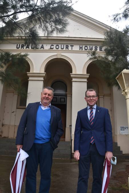 NEW BEGINNINGS: Uralla Mayor Michael Pearce and Northern Tablelands MP Adam Marshall celebrate the planned update of Uralla's Court House. Photo: Andrew Messenger