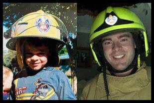 TWO DECADES: Retained firefighter Josh Chisholm wearing the same uniform at age 4 and age 24. Photo: supplied