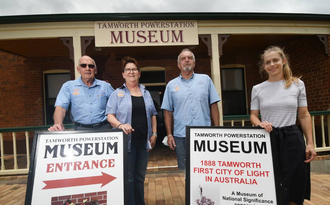 LIGHTS ON: Tamworth Powerstation Museum volunteers Ian Hobbs, Sandra McMahon, and Steve Adams with council's cultural collections officer Naomi Blakey. Photo: Gareth Gardner