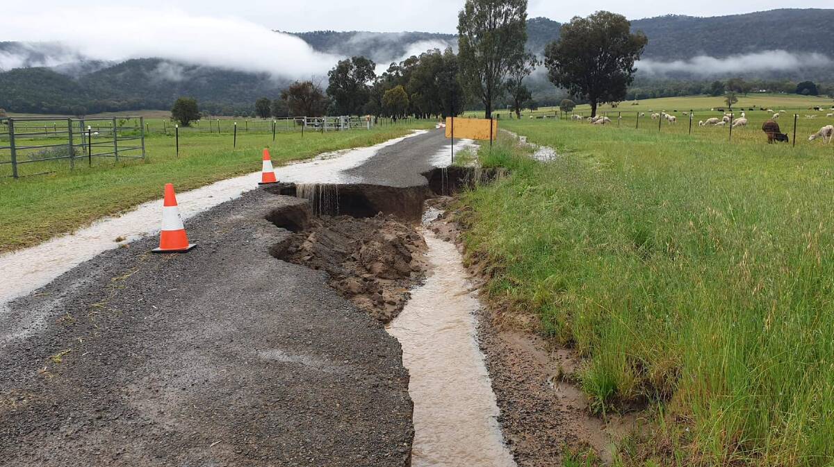 Langens Lane at Moore Creek was extensively damaged during flooding on the weekend. Picture supplied by Tamworth Regional Council 