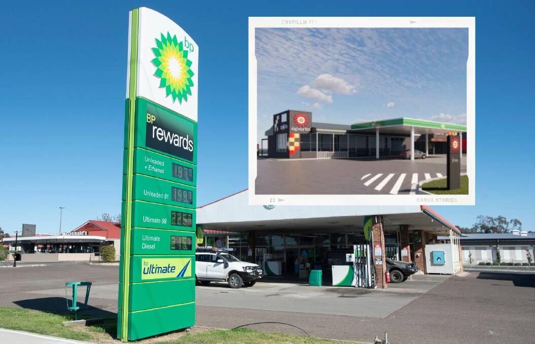MORE FAST FOOD: The current BP service station at 399 Goonoo Goonoo Road, Hillvue, would be transformed into a drive-thru Oporto (inset). Photo: Peter Hardin