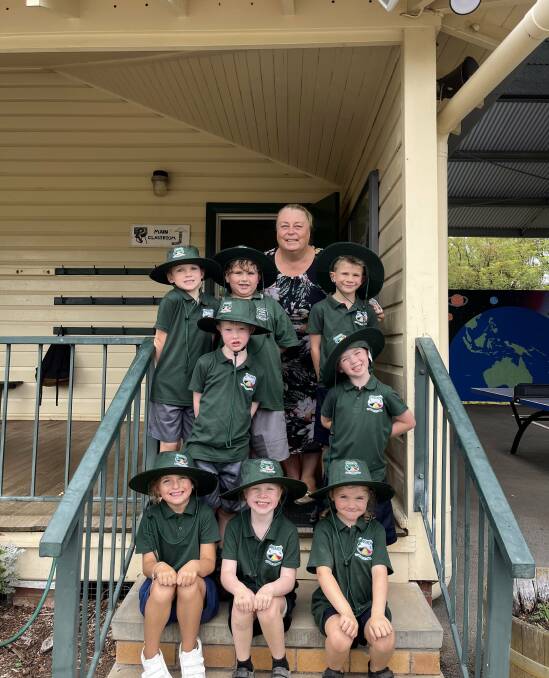 WELCOME: Premer Public School principal Michelle Winston with the eight new students on their first day of school for 2022. Photo: Supplied
