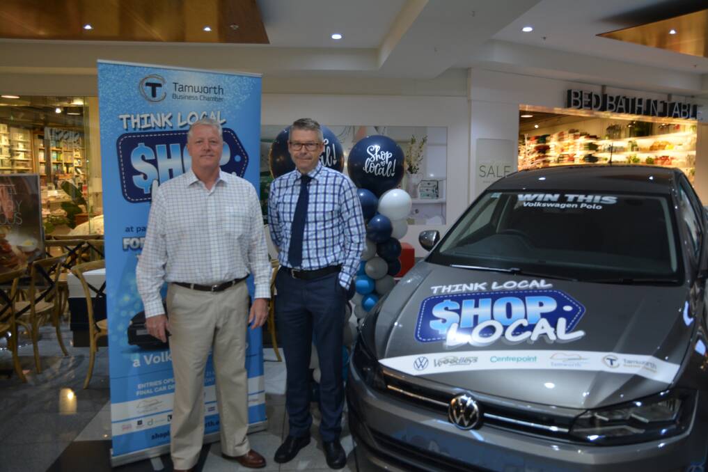 CAMPAIGN LAUNCH: Chamber manager Bryan O'Connor and Woodley Motor Group dealer principal Mark Woodley with the Volkswagen Polo up for grabs.
