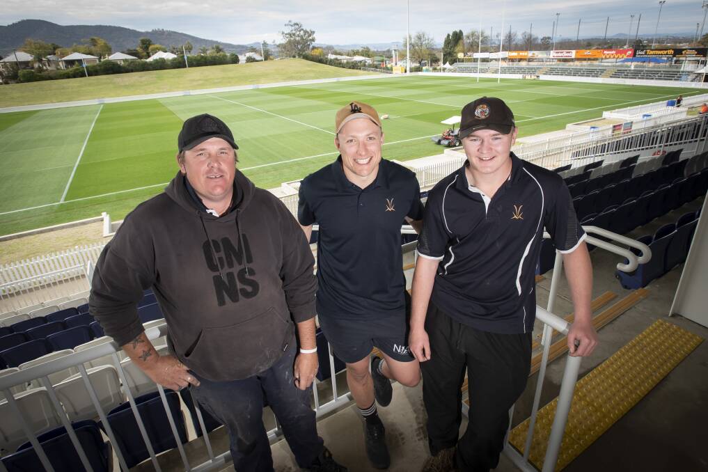 Wests Entertainment Group's Adam McMahon, James Cooper and Riley Leonard at Scully Park on Thursday ahead of the big clash. Picture by Peter Hardin
