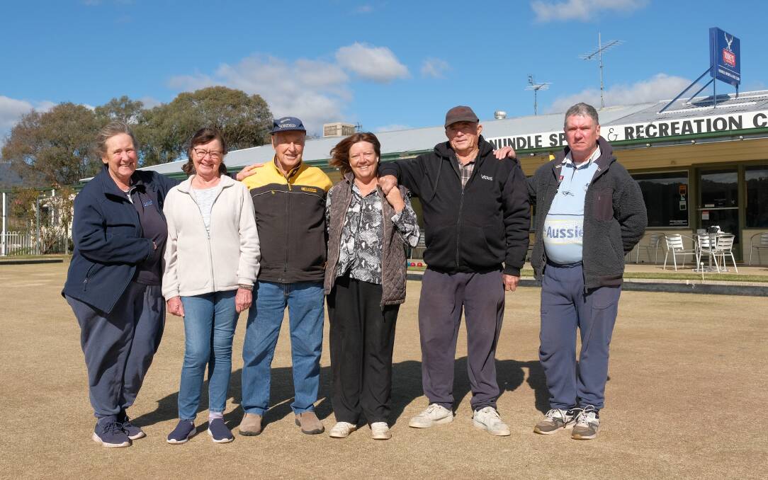SPONSORSHIP: Ava Campese, Gayle Clynick, Max Inman, Cheryl Sipple, Alan Sipple and Shane Walsh at the Nundle Sport and Recreation Club on Wednesday after recieveing news of the sponsorship. Photo: Supplied