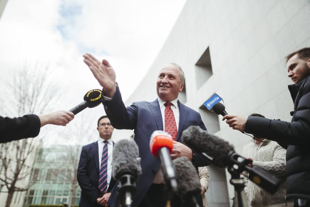 BARNABY'S BACK: Nationals MP Barnaby Joyce addresses the media after being elected as party leader for the second time in his career. Picture: Dion Georgopoulos