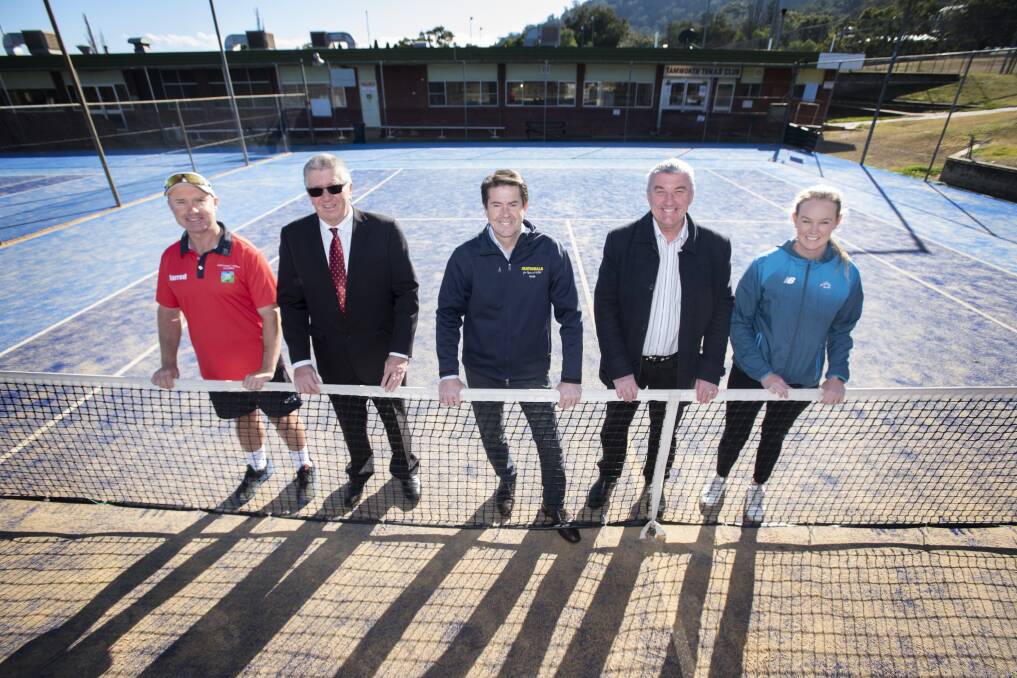 FULLS SET: Jarrod Campbell, Col Murray, Kevin Anderson, West Entertainment Group CEO Rod Laing and Tennis NSW's Ellie Ryan. Photo: Peter Hardin