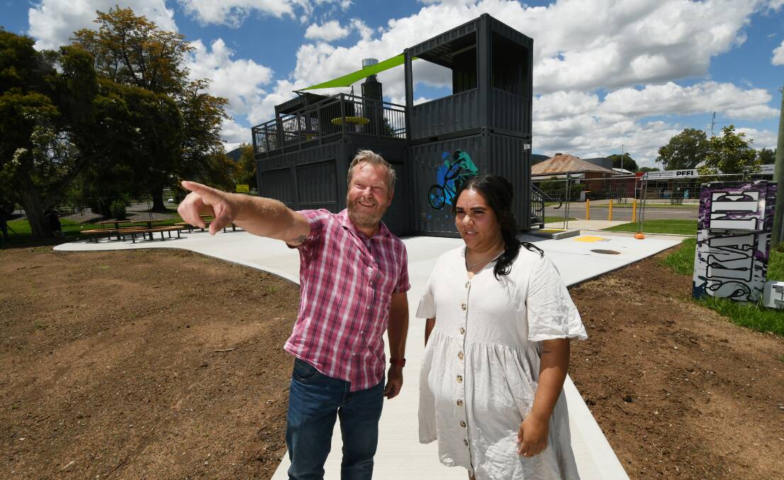 YOUTH LEADERSHIP: Joblink Plus hospitality trainer Shaun Abra and former student Candida Adams at the new skate park cafe, which will open next month. Photo: Gareth Gardner