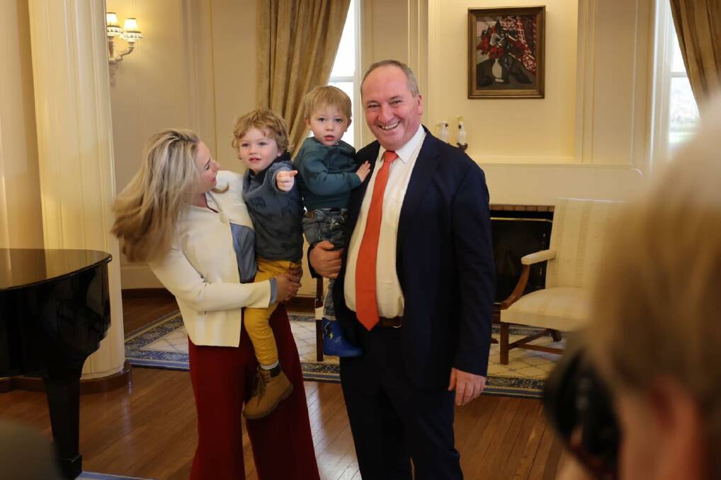 BACK AGAIN: Newly sworn in Deputy Prime Minister Barnaby Joyce with his two young sons Sebastian and Thomas. Photo: supplied.