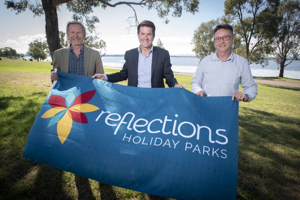BIG UPGRADE: Reflections Holiday Parks chief executive Nick Baker, Minister for Lands and Water Kevin Anderson, and north west area manager for crown lands Danny Young. Photo: Peter Hardin