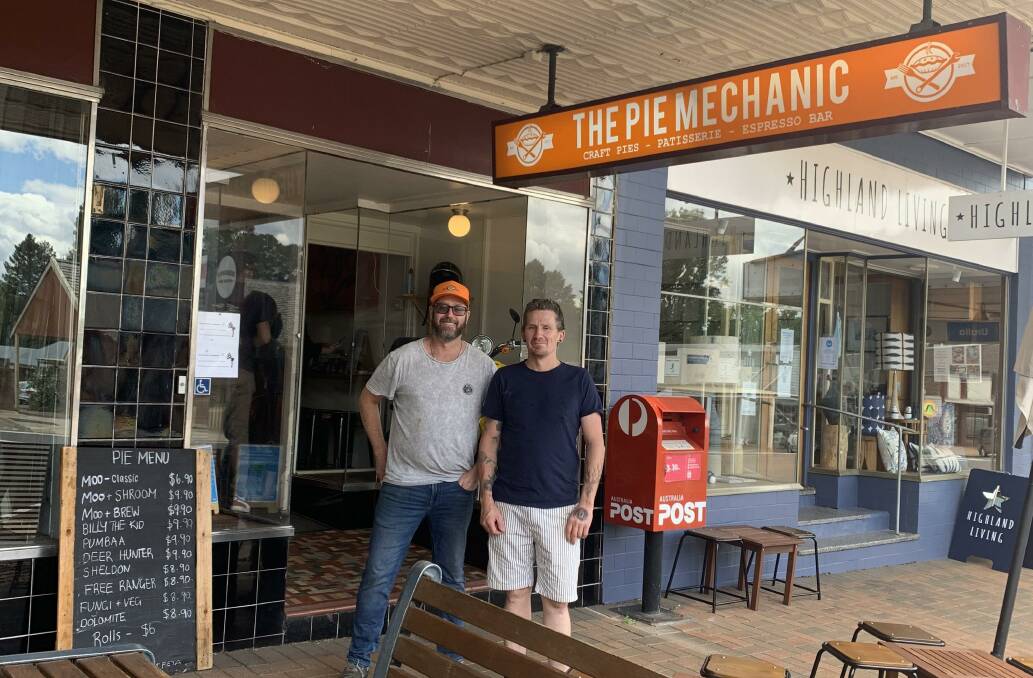 NEW TEAM: New owner Adam Hayes (left) and baker Sam Craven (right) are restoring Uralla's Pie Mechanic. Photo: Supplied
