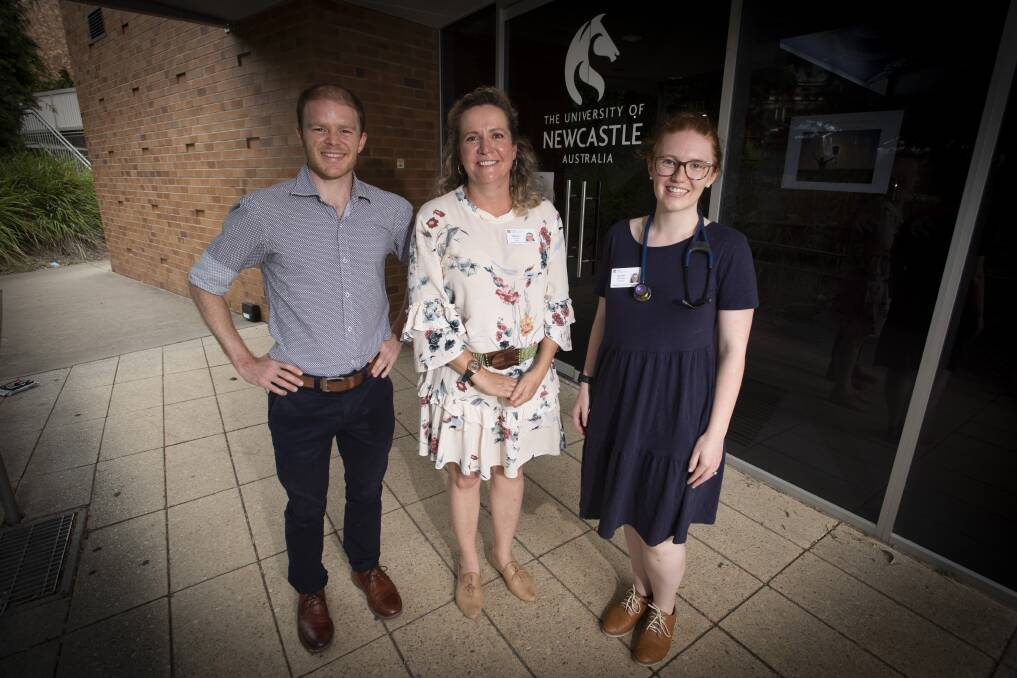NEW FACES: Interns Gerald Macpherson and Alicia Evans alongside medical education support officer Tracey Walker. Photo: Peter Hardin