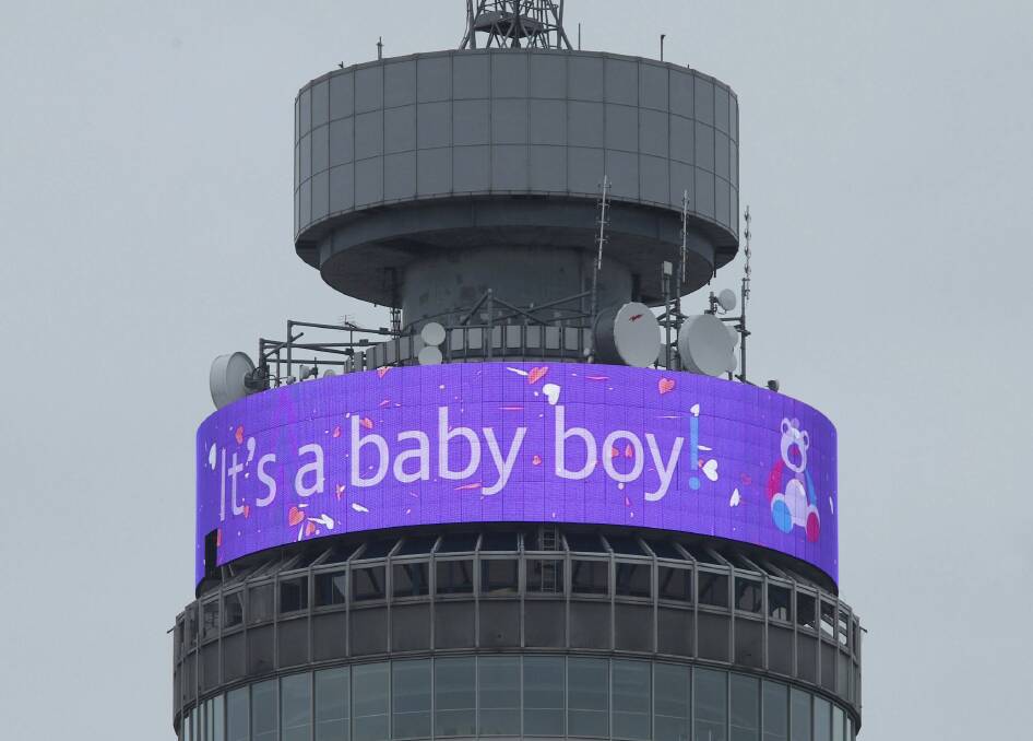 The BT Tower displays a message in celebration of the birth of Prince Harry, and Meghan, the Duchess of Sussex's new baby boy, in London. Picture: AP