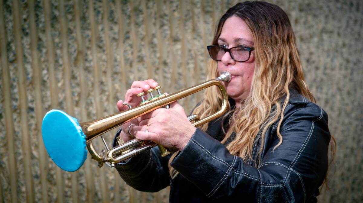 Canberra musician Jenny Geldart is starting to make mask covers for musical instruments such as trumpets to help stop the spread of potential virus particle while people play musical instruments in group settings. Picture: Elesa Kurtz