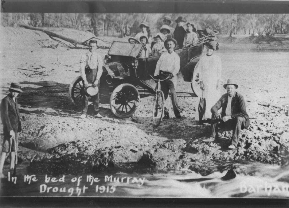 In the bed of the Murray River in the drought of 1915.  No flow was recorded at the time in the middle Murray River at Barham, pictured here.