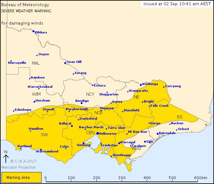 The severe weather warning area, highlighted in yellow. Picture: Bureau of Meteorology