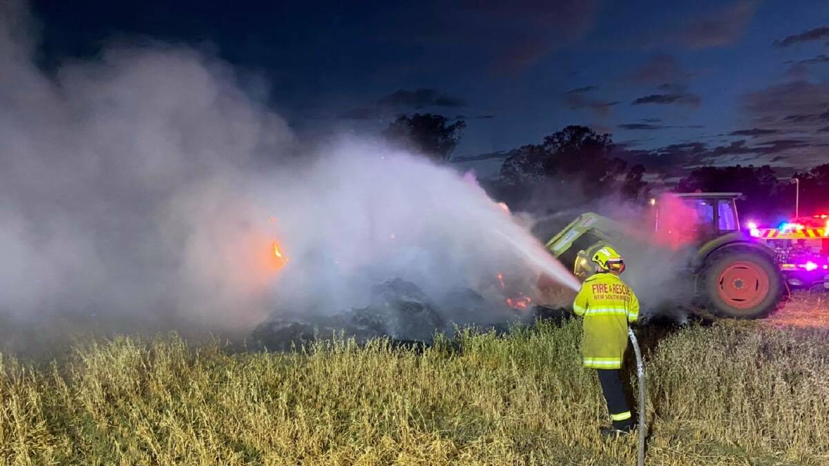 WELL ALIGHT: Tamworth Fire and Rescue NSW crews arrived to find the hay stack on fire in the early hours of Monday morning. Photo: Tamworth FRNSW