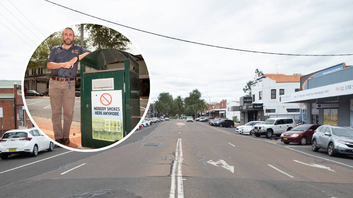 BUTT IT OUT: Tamworth Regional Council regulatory services manager Ross Briggs (inset) and the part of Peel Street where the smoking ban will be enforced. Photos: Peter Hardin