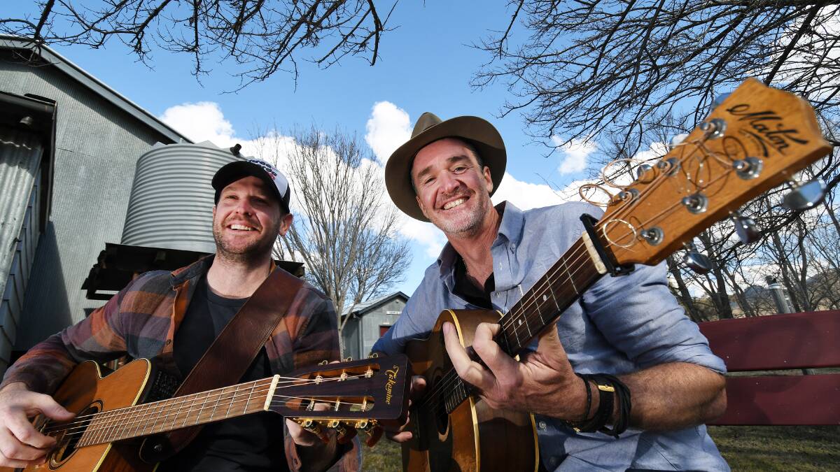 NEW ALBUM: Brad Butcher (left) with Luke O'Shea at The Dag Sheep Station in Nundle where he wrote one of the songs on his album Travelling Salesman. Photo: Gareth Gardner
