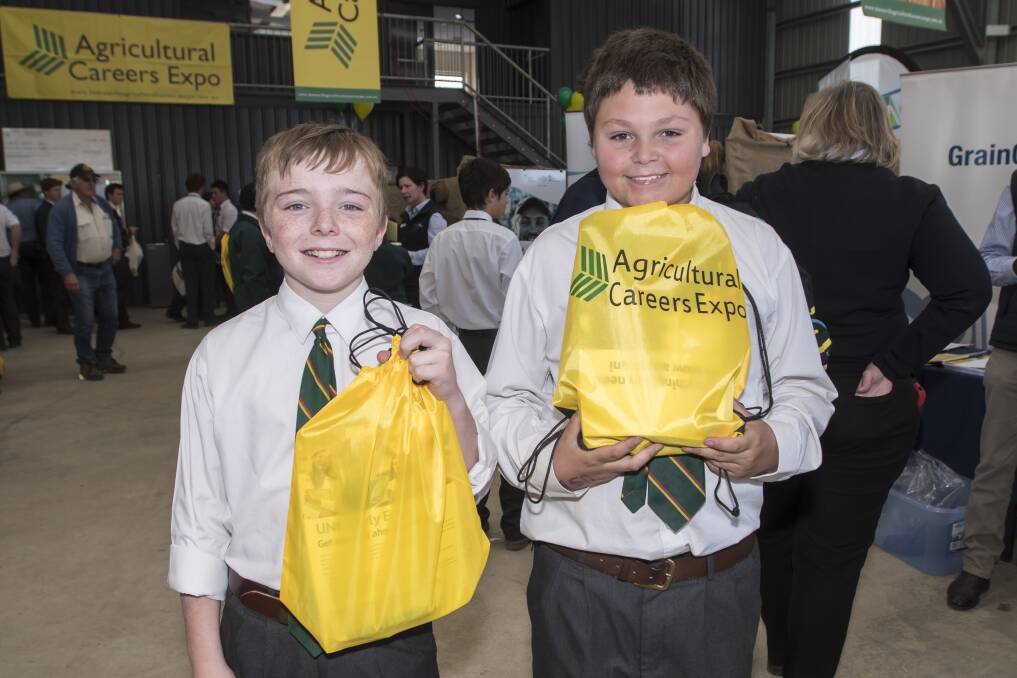 AGRICULTURE EXCITEMENT: Jacob Doolan and Lars Worrad at the Tamworth Ag Careers Expo at Farrer Memorial Agricultural High School. Photo: Peter Hardin