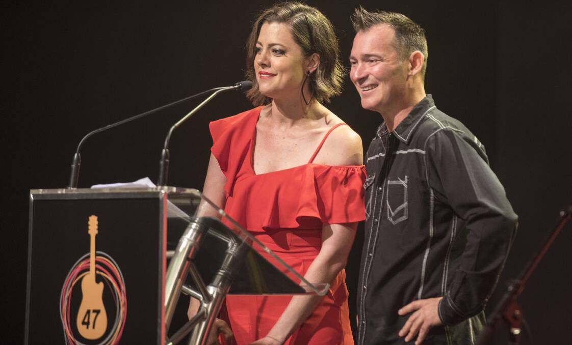 HOSTS: This year Amber Lawrence and Adam Brand will host the 2019 Toyota Golden Guitar Awards. Photo: Peter Hardin