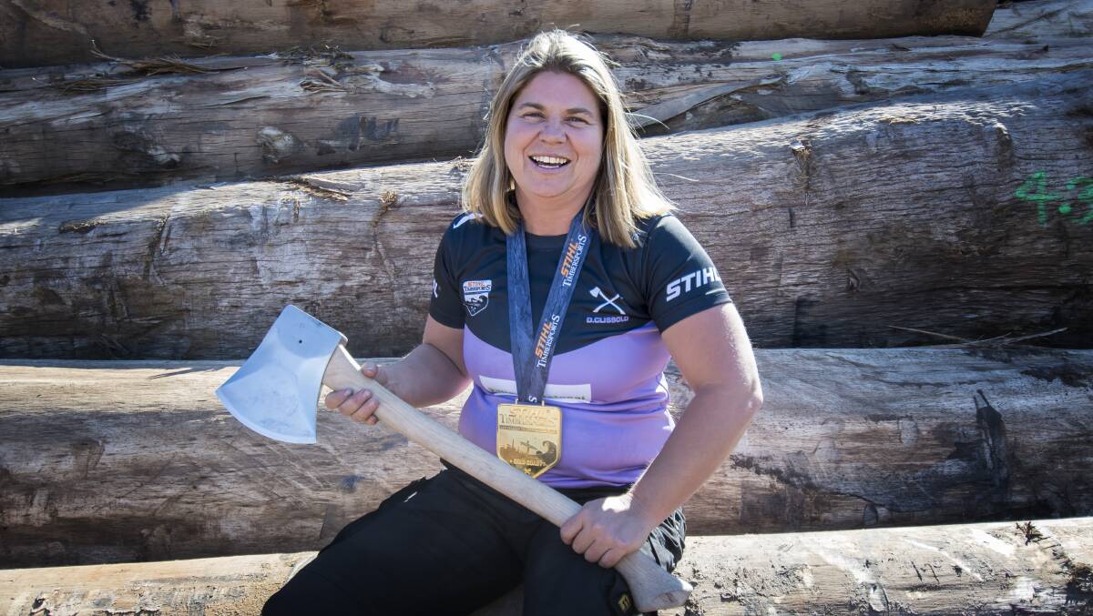 STOKED: Stihl Timbersports Australian Women's Champion Debbie Clissold from Tamworth was the most consistent chopper at the competition. Photo: Peter Hardin