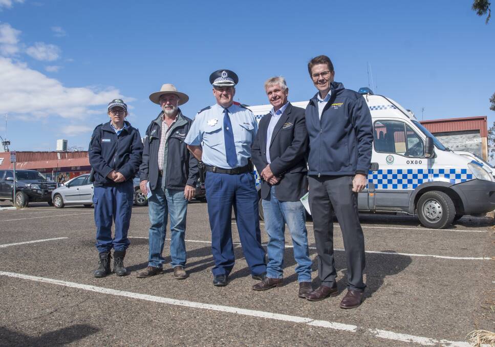 TACKLING CRIME: Tamworth police officer Jenny Ridley, Tamworth Regional Council councillor Russell Webb, Inspector Jeff Budd, council's Phil Betts and state MP Kevin Anderson at the community engagement day. Photo: Peter Hardin