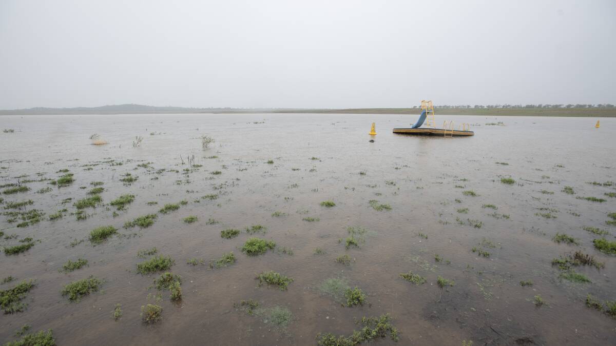 KEEPIT COMING: Rainfall at Lake Keepit has grown enough that the slide platform floats again. Photo: Peter Hardin