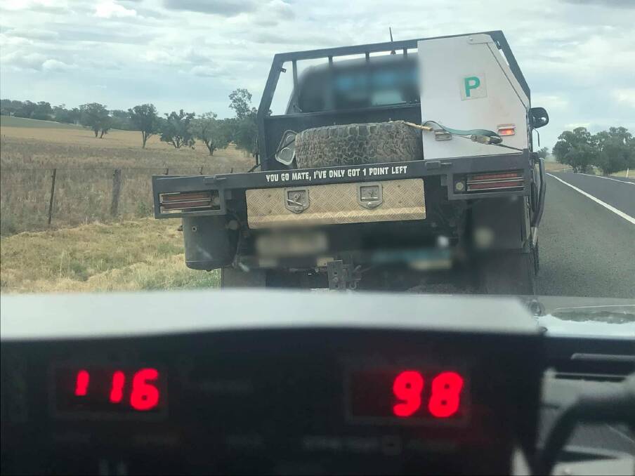 CAUGHT OUT: A driver became an online sensation for their ironic bumper sticker after police claim they were travelling over the speed limit. Photo: NSW Police Traffic and Highway Patrol Command