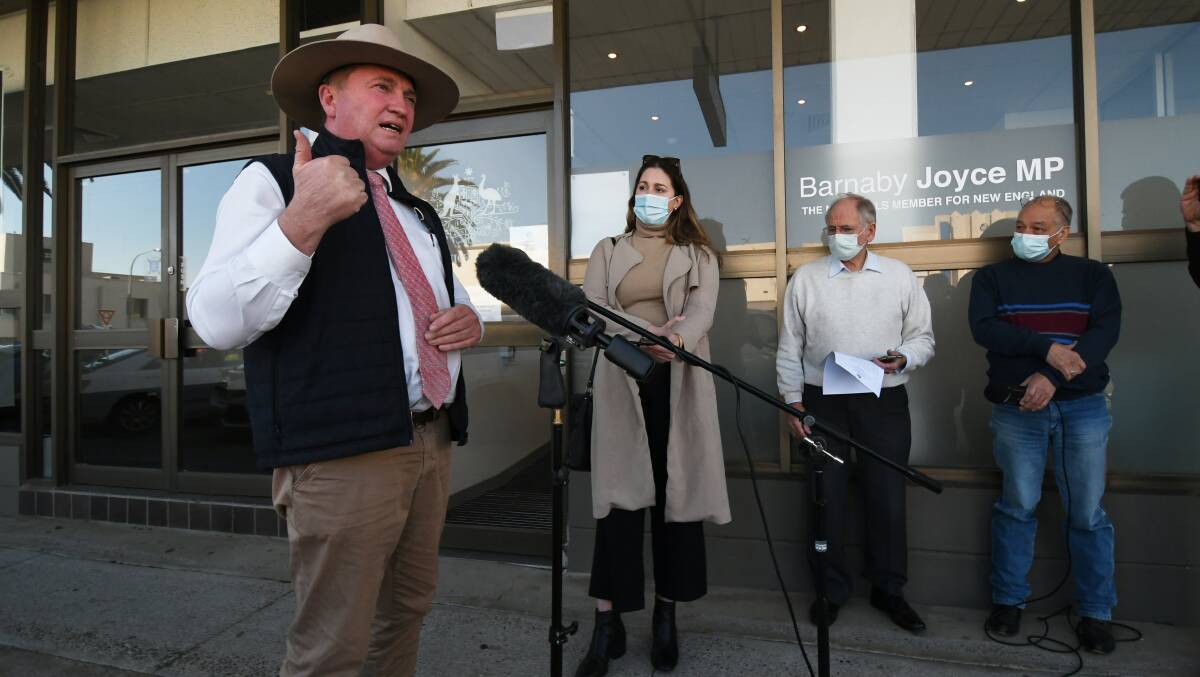 FUND BOOST: Member for New England Barnaby Joyce announces regional airports will be given a crucial funding boost amid the pandemic. Photo: Gareth Gardner 220721GGA06