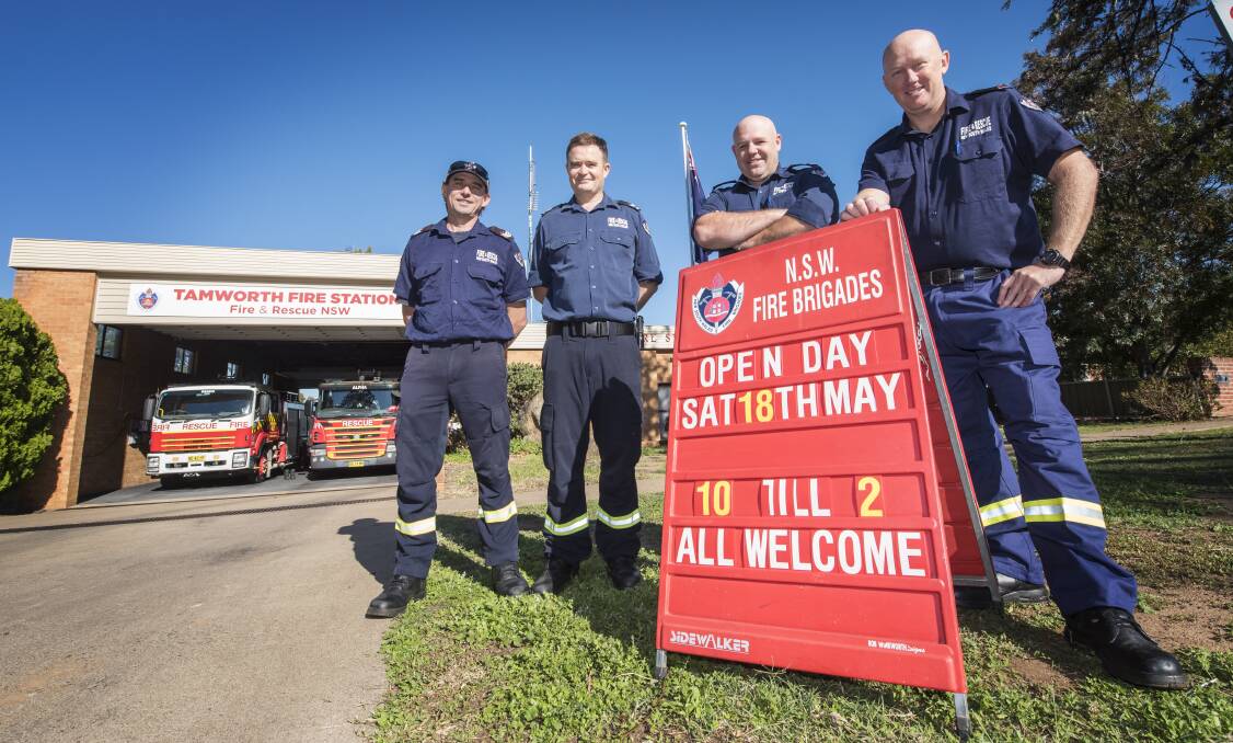 OPEN DAY: Firefighters Neil Ferguson, Scott O'Shea, Rob Gander and Clayton Pickworth ahead of the open day this weekend. Photo: Peter Hardin 150519PHB004