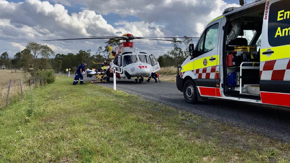 CHOPPER RESCUE: Westpac Rescue Helicopter crews responded to a call about a road worker stuck between a post and machinery. Photo: WRHS