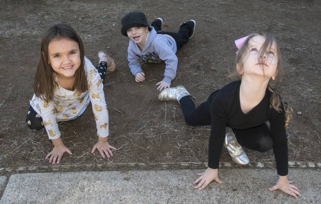 GOANNA: Ivy Allan, Charlie Pannel and Eliza Shanley practice their yoga moves at the Coledale Community Centre NAIDOC Week celebrations. Photo: Peter Hardin