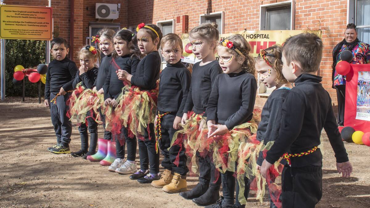 CROCODILE TWIST: Students from Birrelee M.A.C.S Child Care Centre perform a dance and song at the NAIDOC Week celebrations. Photo: Peter Hardin