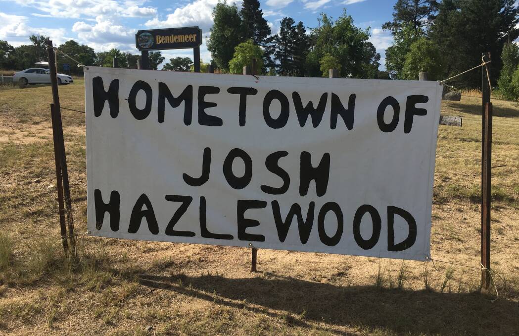Our boy: It is clear to see the pride Bendemeer has in Josh Hazlewood going by this home-made sign as people drive into the town. Photo: Laurie Bullock.