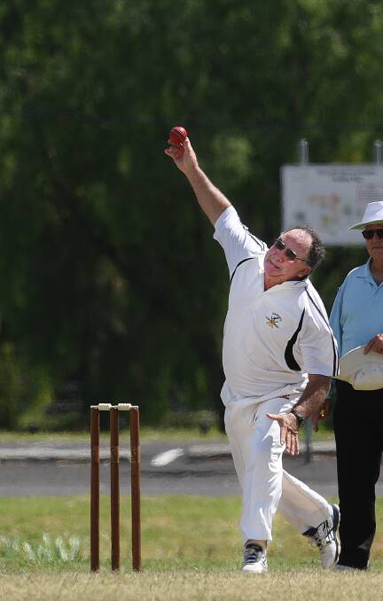Rolling the arm over: Gunnedah's Denby Budden delivers in his spell in the annual Veterans Cricket clash against Tamworth. Photo: Gareth Gardner 070317GGC07