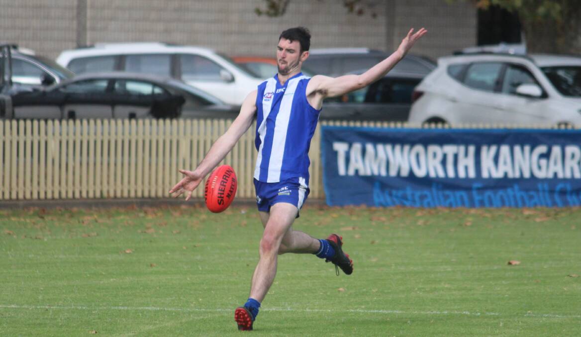 Booted: James Vallender kicked four goals for the Tamworth Kangaroos as they ran through the NEMS team at No. 1 Oval on Saturday. Photo: Zac Lowe.