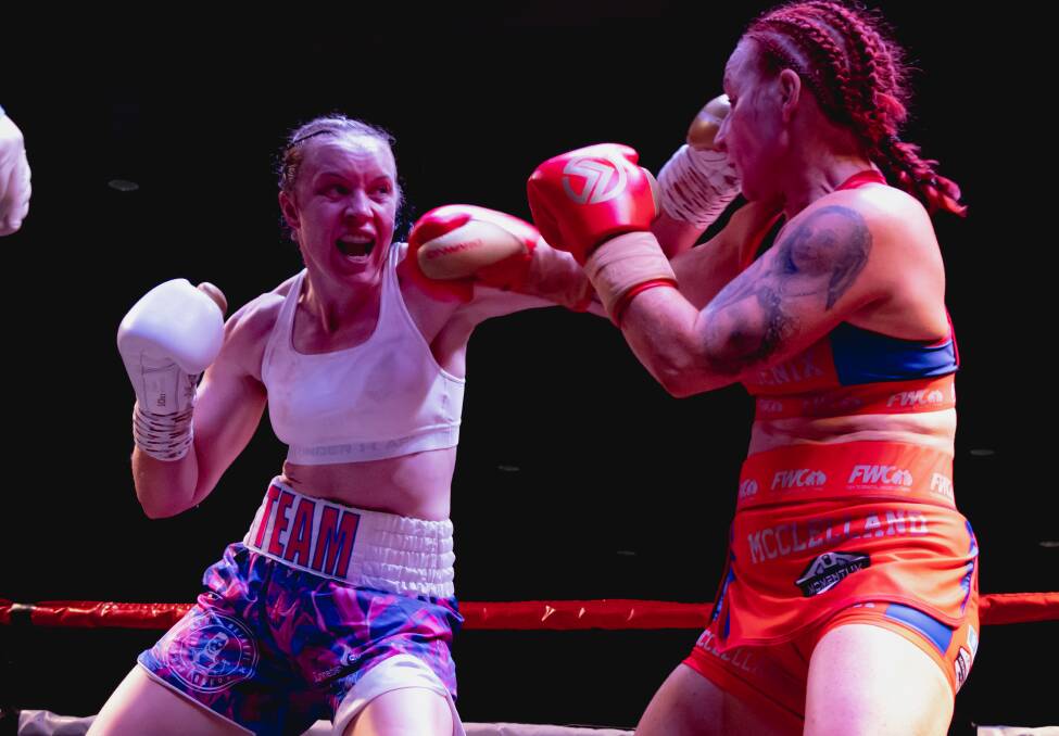 Good shot: Enja Prest, seen here during her UD win over Pam McLelland in March for the NSW Super Welterweight title, will fight again next month for the Australasian title. Photo: Bridget Bartlett Photography.