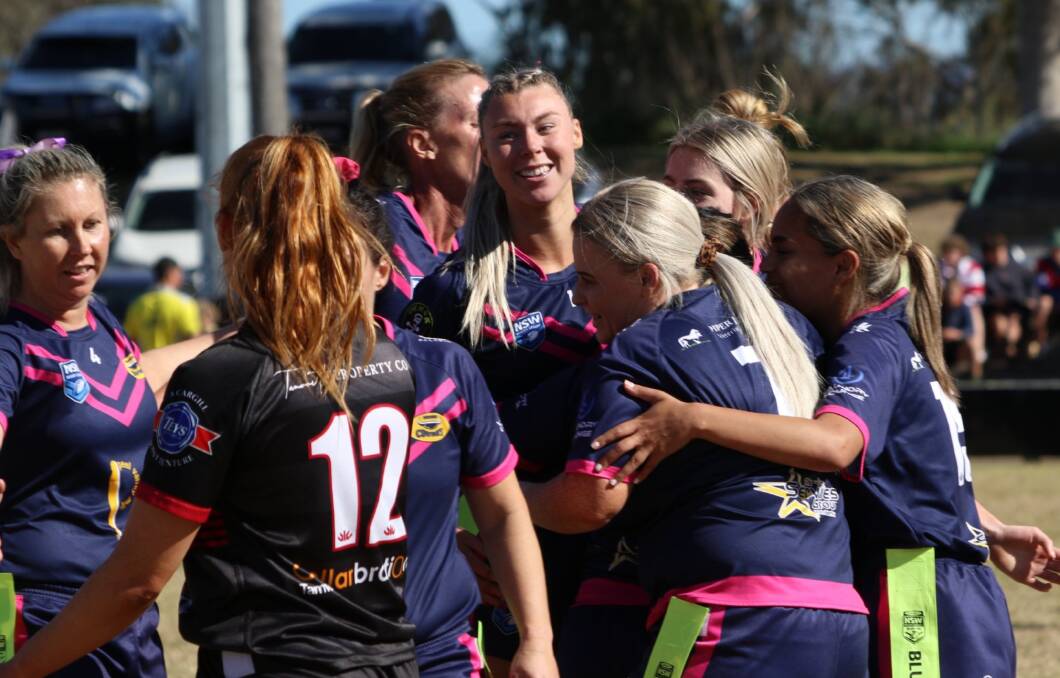 The Dungowan Cowgirls celebrate a try during their victory over North Tamworth on Saturday. Photo: North Tamworth Bears. 
