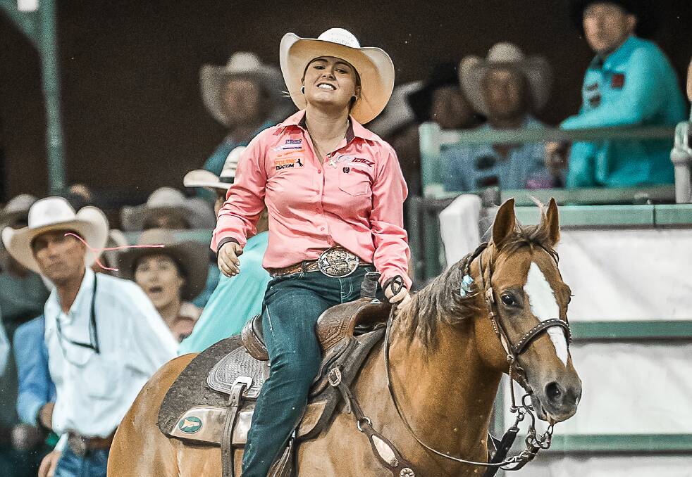 Anna Crisp rides Chex R All I Know during the 2023 ABCRA finals, and will do so again next week when she looks to defend her breakaway roping title. Picture by Stephen Mowbray. 