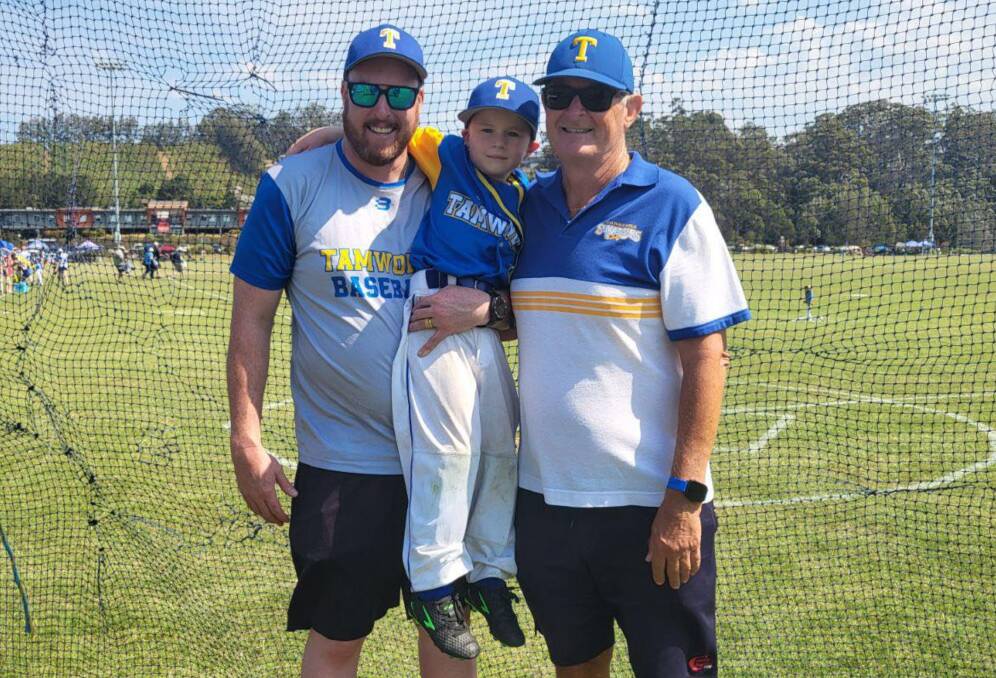 Three generations of baseball players in one photo with Brad Smith (left), his father Steve Smith (right), and his son, Harlan. Picture supplied. 