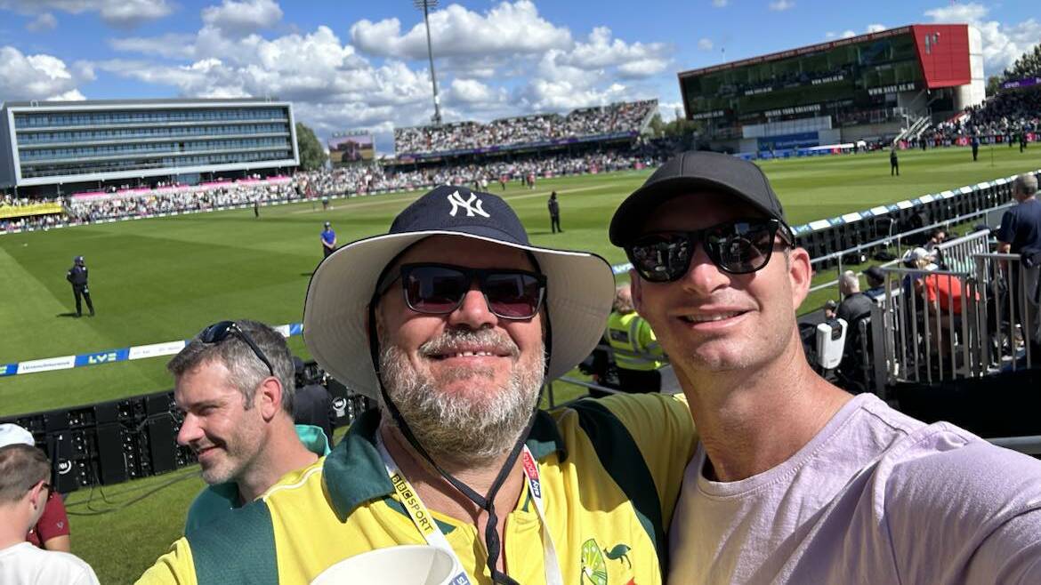 Kensell (right) with good mate Matt Zell at Manchester's Old Trafford during this year's Ashes series. Picture supplied.