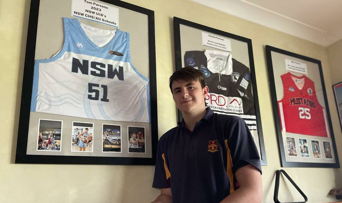 Parsons with his state jersey (top left), next to rep jerseys belonging to his brothers, Charlie and Billy. Picture by Zac Lowe. 