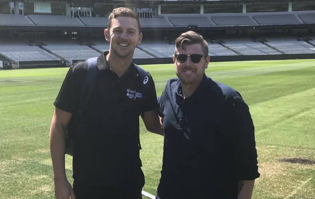 Mat Crowe and Josh Hazlewood at the MCG. Crowe has been fortunate enough to watch his friend play all over the world. Picture supplied.