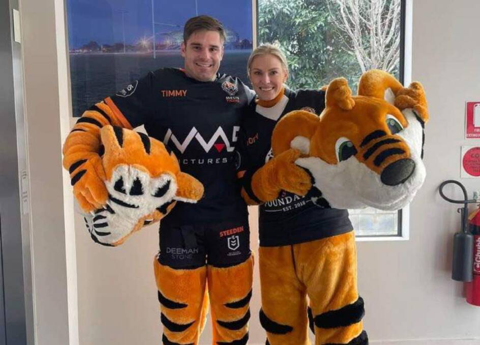 Jake and Kim McManus suited up for a stint on the sidelines of the Wests Tigers' game against Cronulla on Saturday. Picture from North Tamworth Bears Facebook.