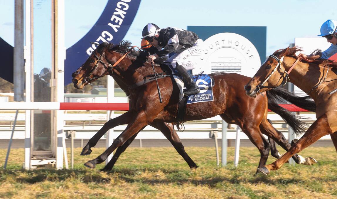 Zoffany's Gaze, ridden by Mitchell Bell, eeks out the win by a matter of centimetres in yesterday's race. Picture by Bradley Photos. 