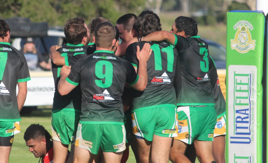 The Boggabri Kangaroos celebrate a Nick Millar try during their history-making first round win over the North Tamworth Bears in 2023. Picture by Zac Lowe.